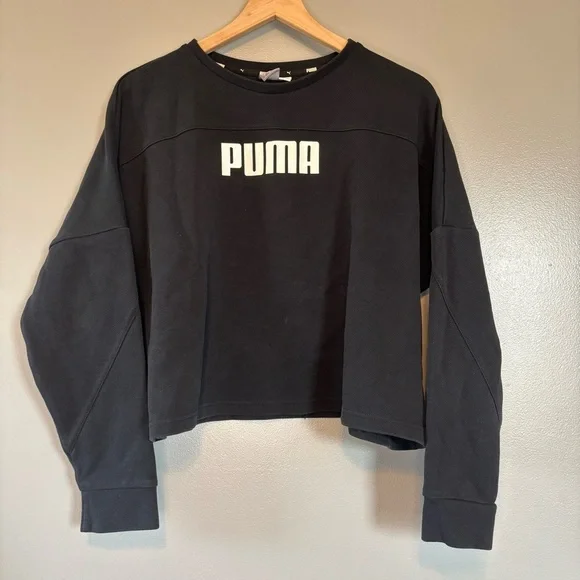 Puma Large Cropped Crew Neck Printed Sweatshirt Black - Picture 3 of 4